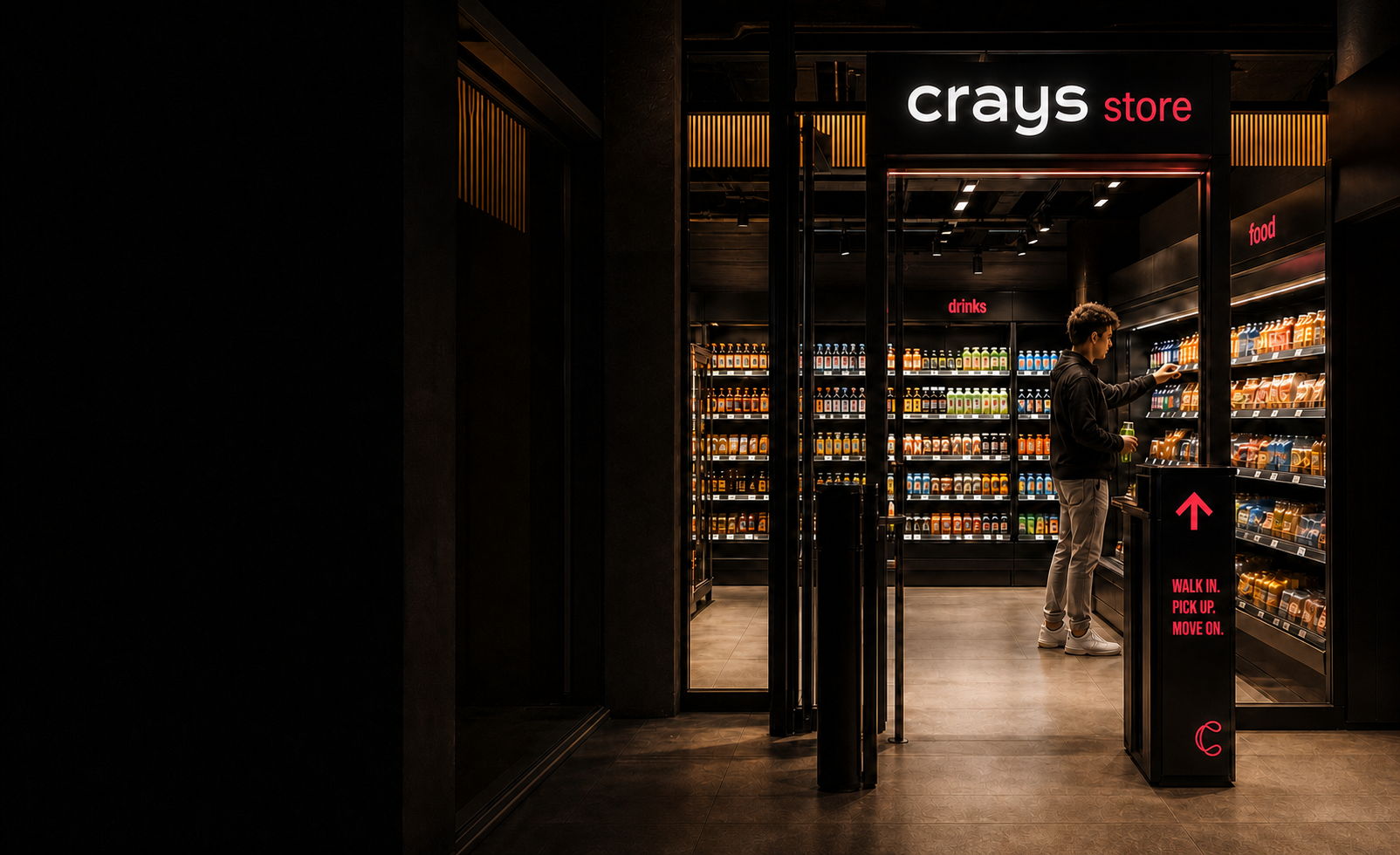 Crays Store automatic-checkout entrance at night